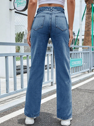 Slit High Waist Jeans with Pockets