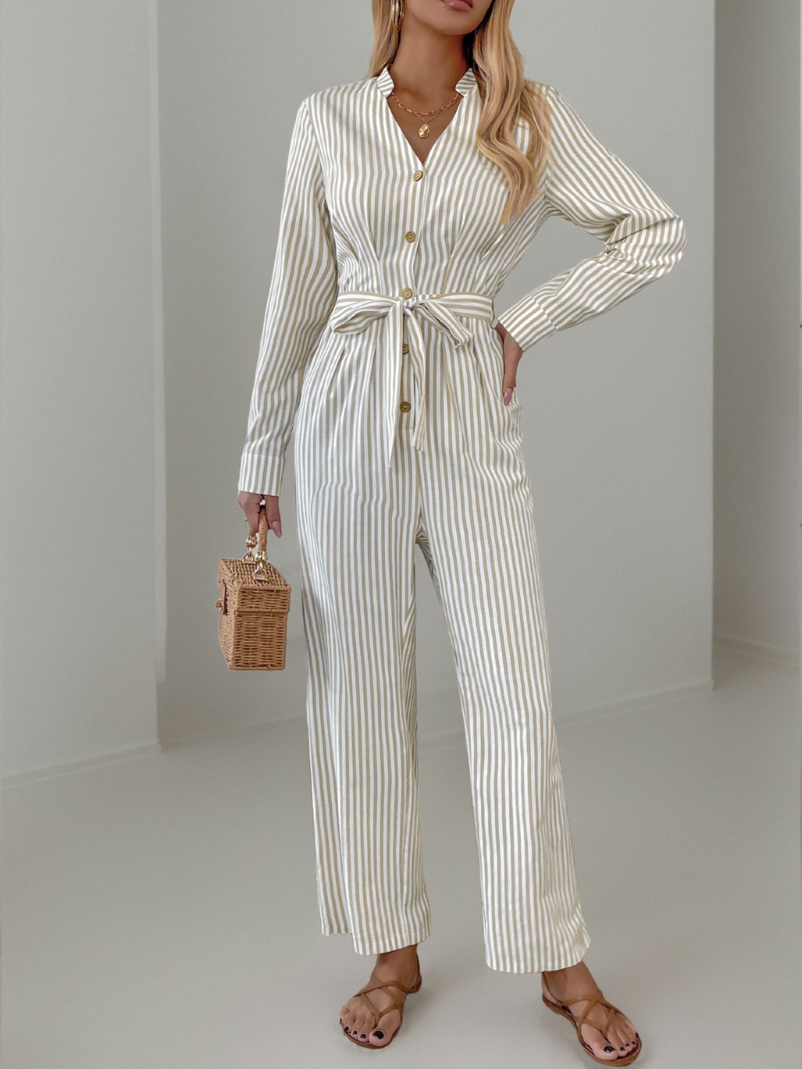 Striped Notched Long Sleeve Tie Waist Jumpsuit - Get Stylish