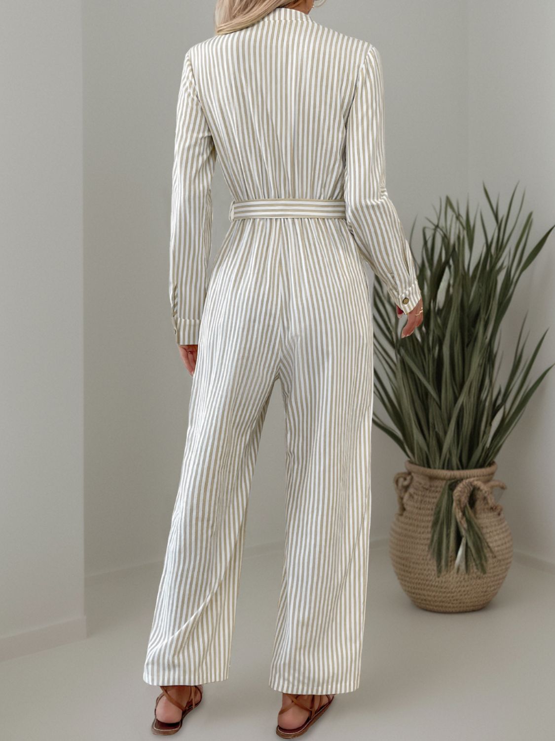 Striped Notched Long Sleeve Tie Waist Jumpsuit - Get Stylish