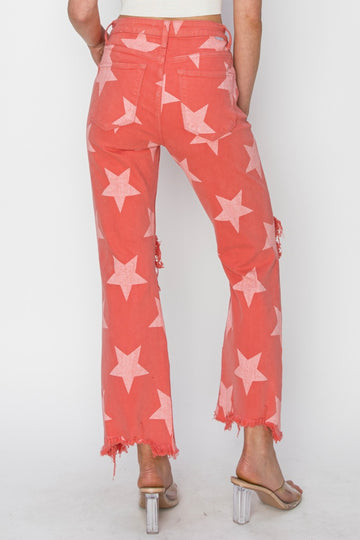 Full Size Distressed Raw Hem Star Pattern Jeans