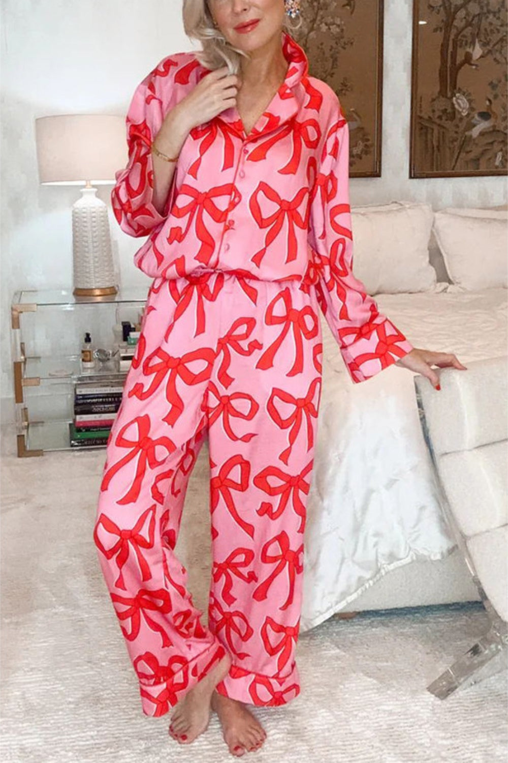 Bow Print Collared Neck Top and Pants Lounge Set