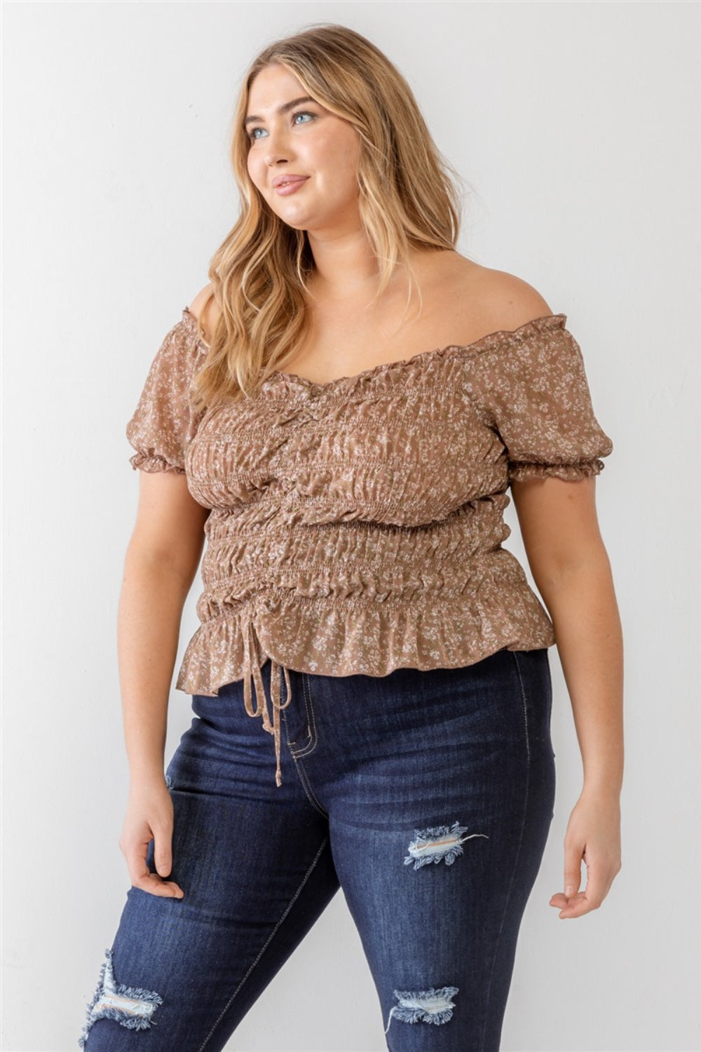 Zenobia Plus Size Frill Ruched Off-Shoulder Short Sleeve Blouse - Get Stylish