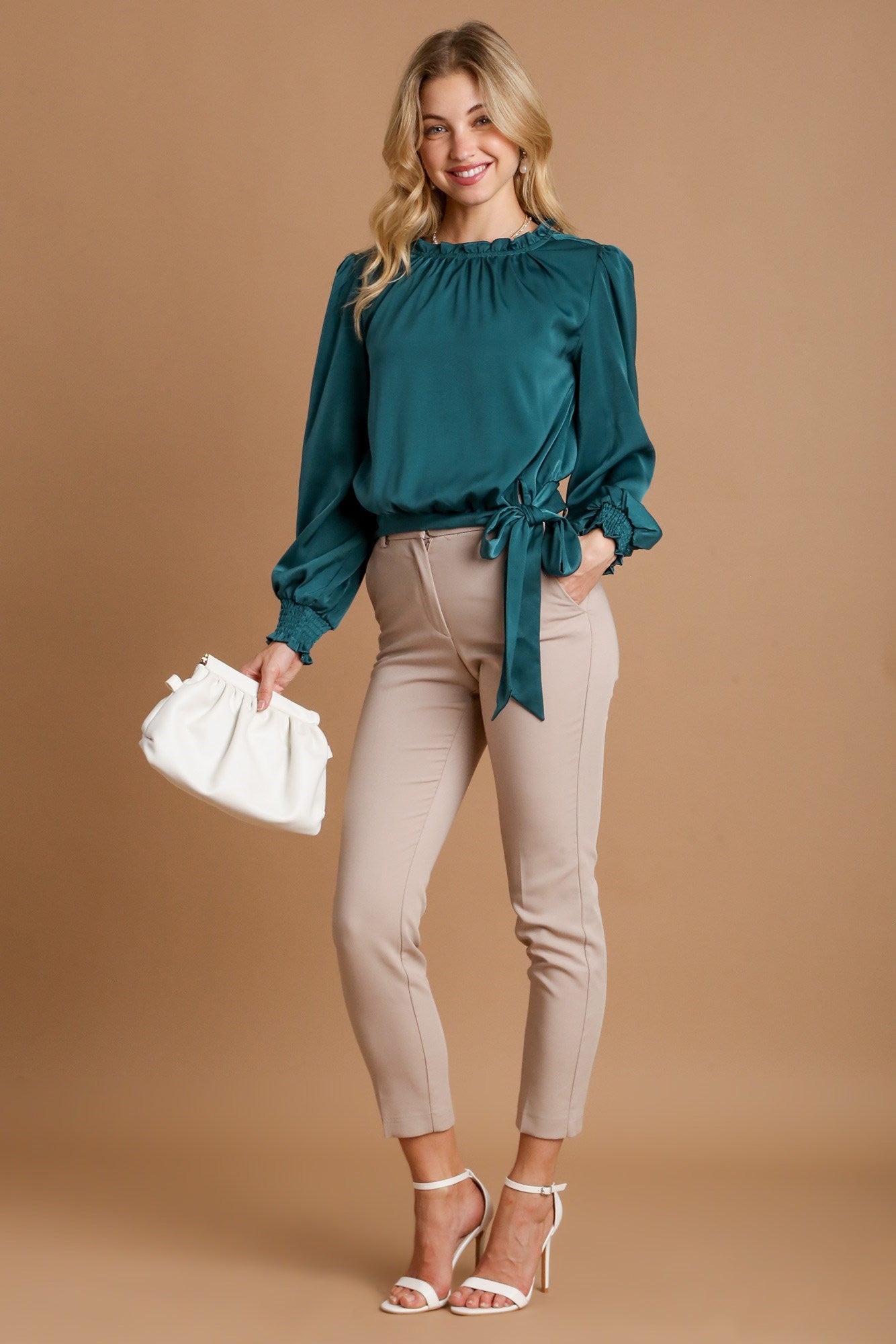 Umgee Frill Tied Hem Long Sleeve Blouse - Get Stylish