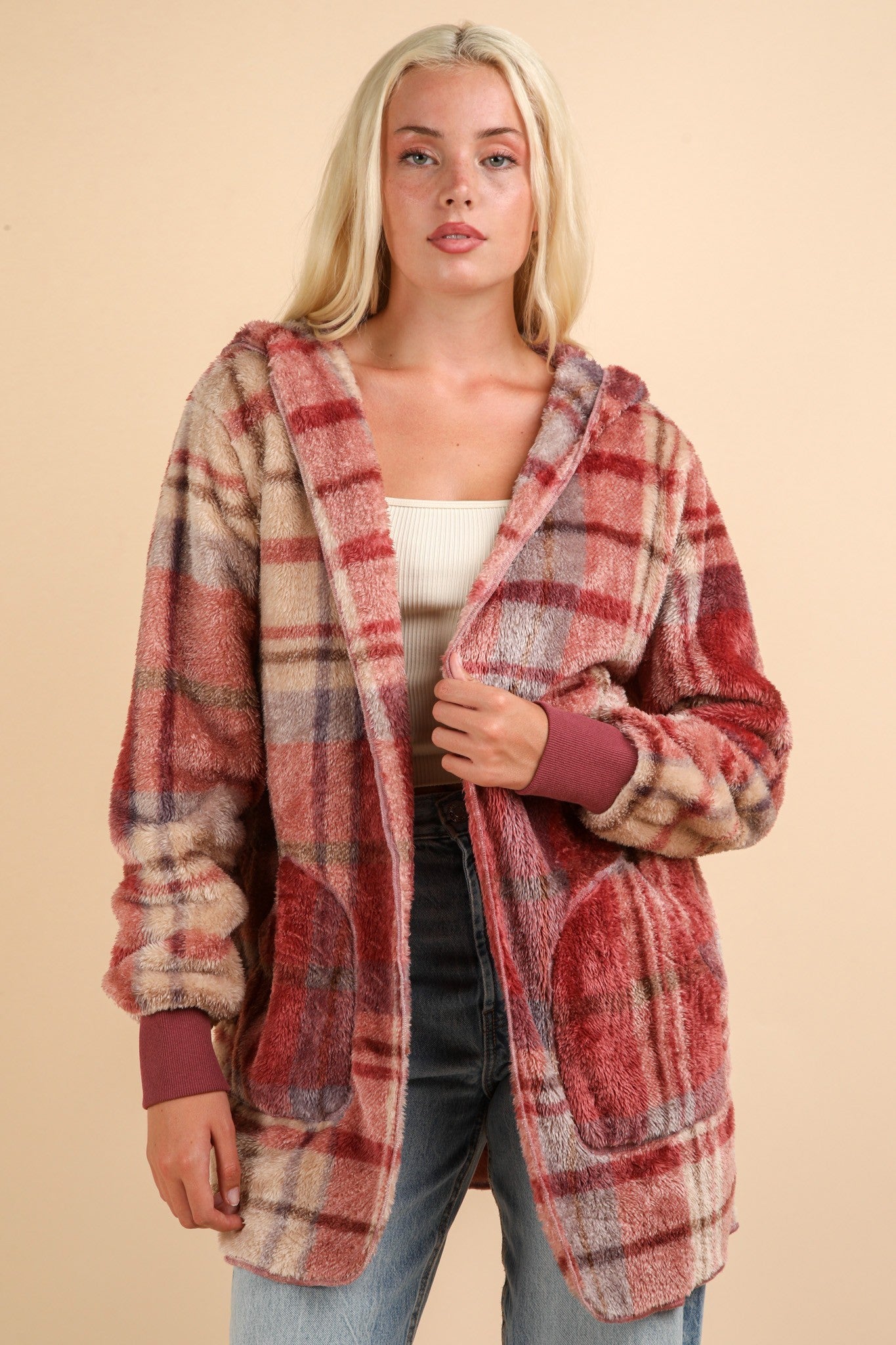 VERY J Fuzzy Plaid Long Sleeve Hooded Jacket - Get Stylish