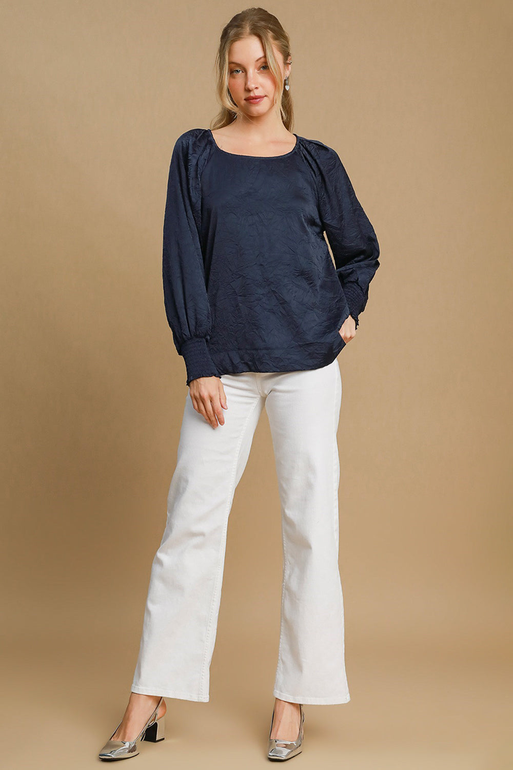 Umgee Wrinkled Round Neck Lantern Sleeve Blouse - Get Stylish