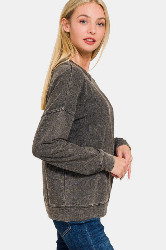 Zenana Washed Round Neck Dropped Shoulder Sweatshirt - Get Stylish