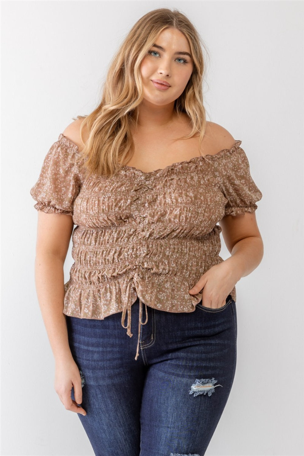 Zenobia Plus Size Frill Ruched Off-Shoulder Short Sleeve Blouse - Get Stylish