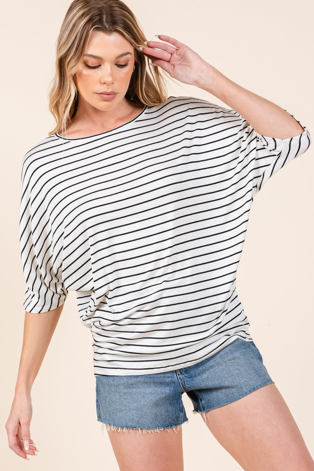 Striped Boat Neck Dolman Sleeve Top