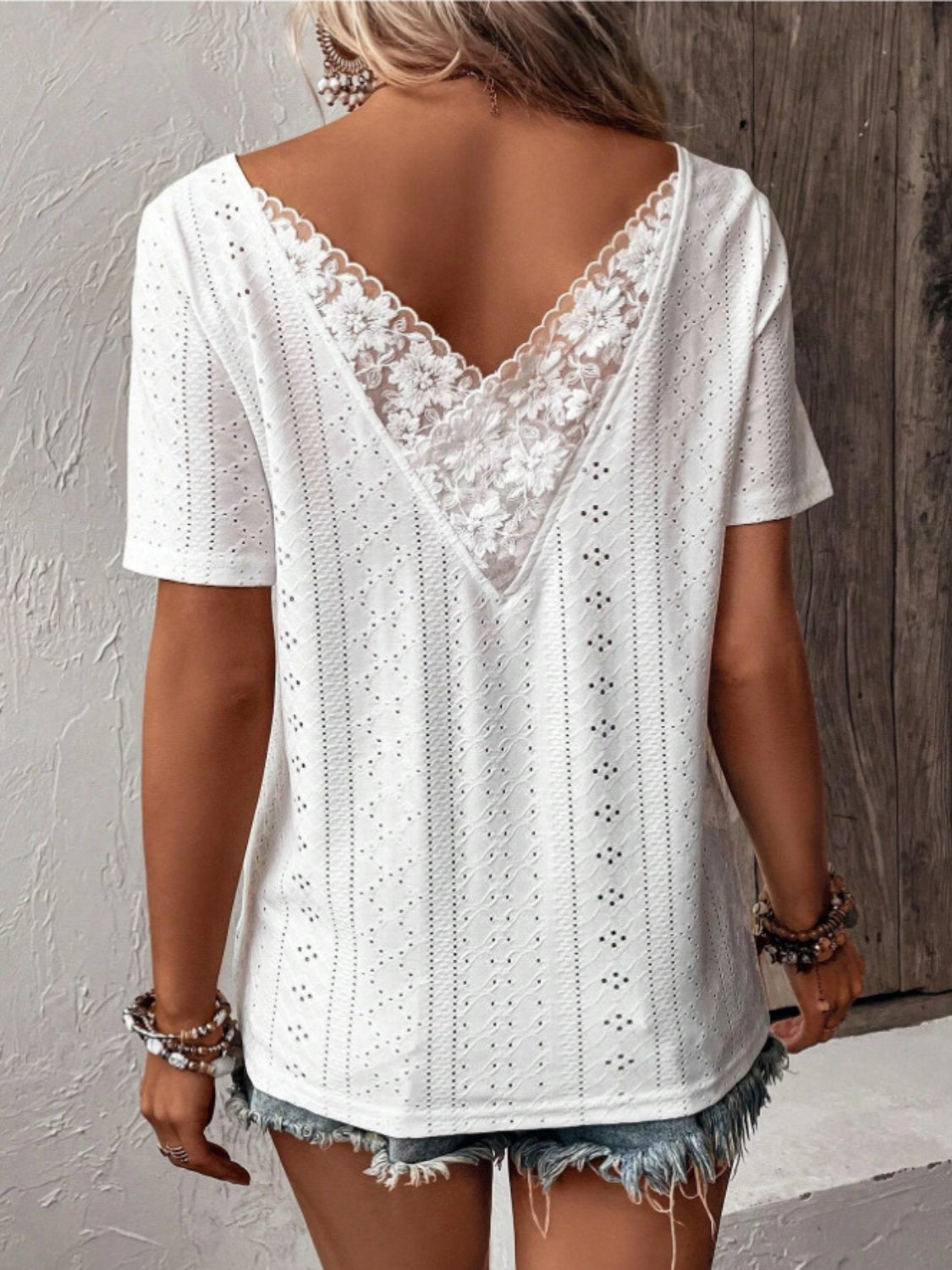 Lace Detail Eyelet Short Sleeve Blouse