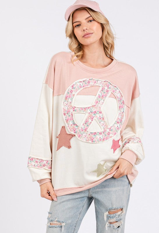 SAGE + FIG Peace & Star Patch Contrast Round Neck Sweatshirt - Get Stylish