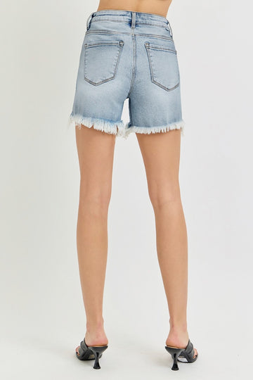 RISEN High Rise Side Step Hem Denim Shorts