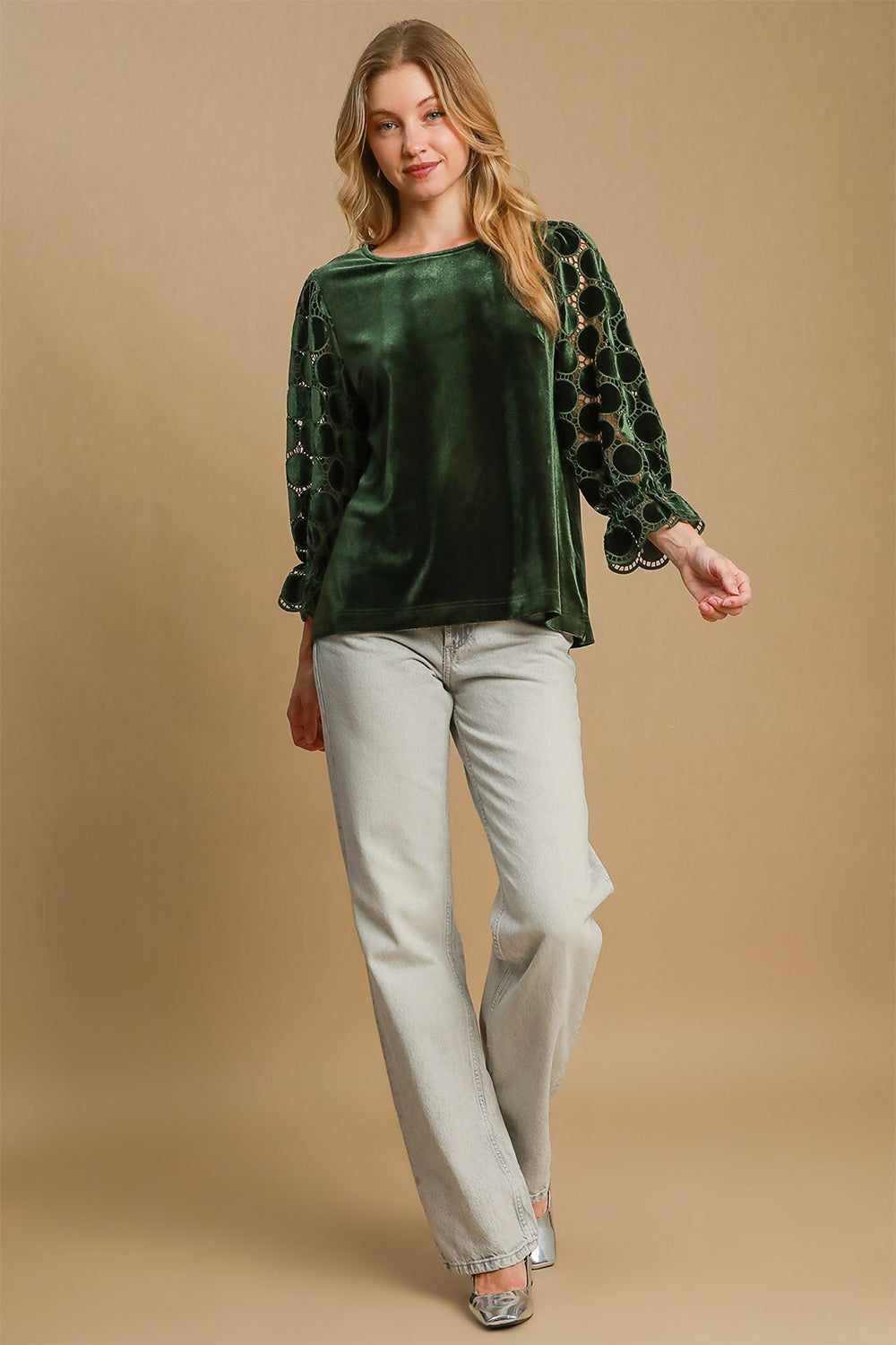 Umgee Polka Dot Lace Long Sleeve Round Neck Blouse - Get Stylish