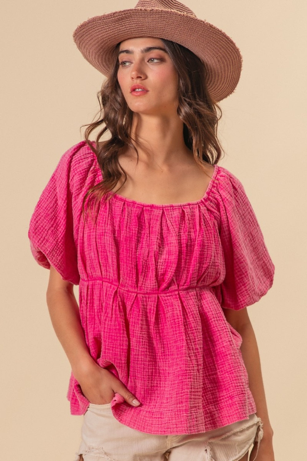 Pleated Puff Sleeve Washed Blouse