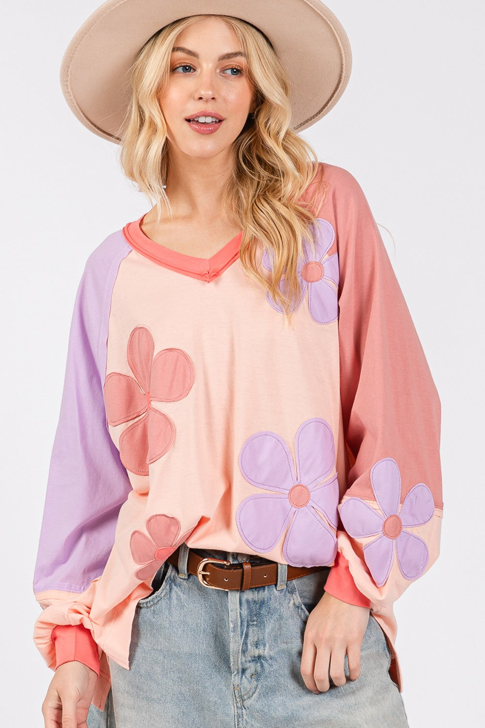 SAGE + FIG Full Size Daisy Applique Patch Color Block Long Sleeve Top - Get Stylish