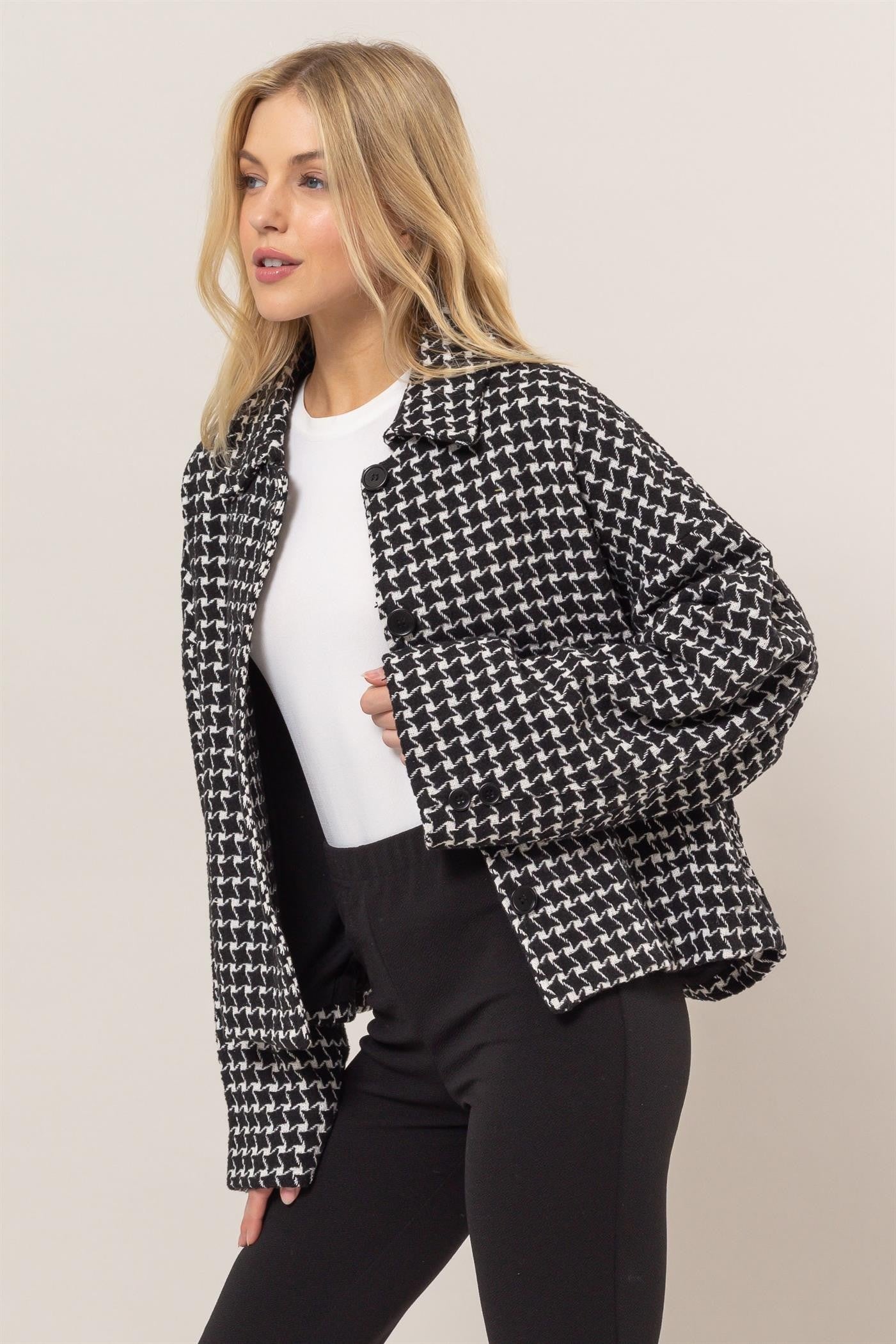 HYFVE Tweed Plaid Button Up Collared Neck Jacket - Get Stylish