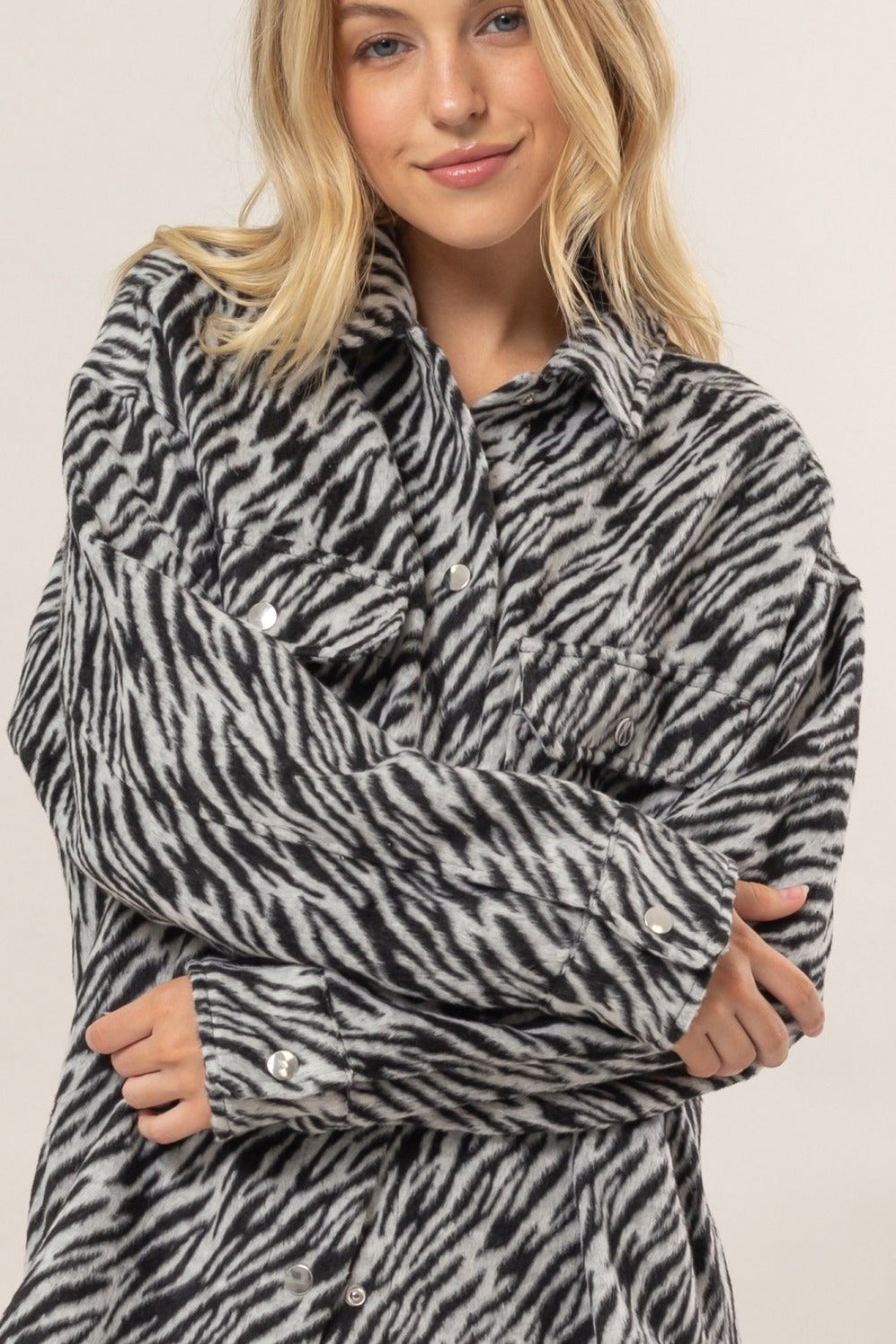 HYFVE Zebra Print Snap Down Long Sleeve Shacket - Get Stylish