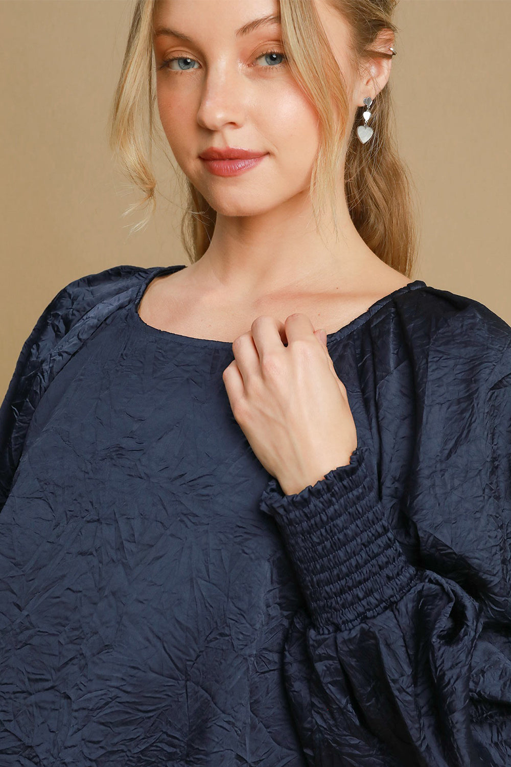 Umgee Wrinkled Round Neck Lantern Sleeve Blouse - Get Stylish