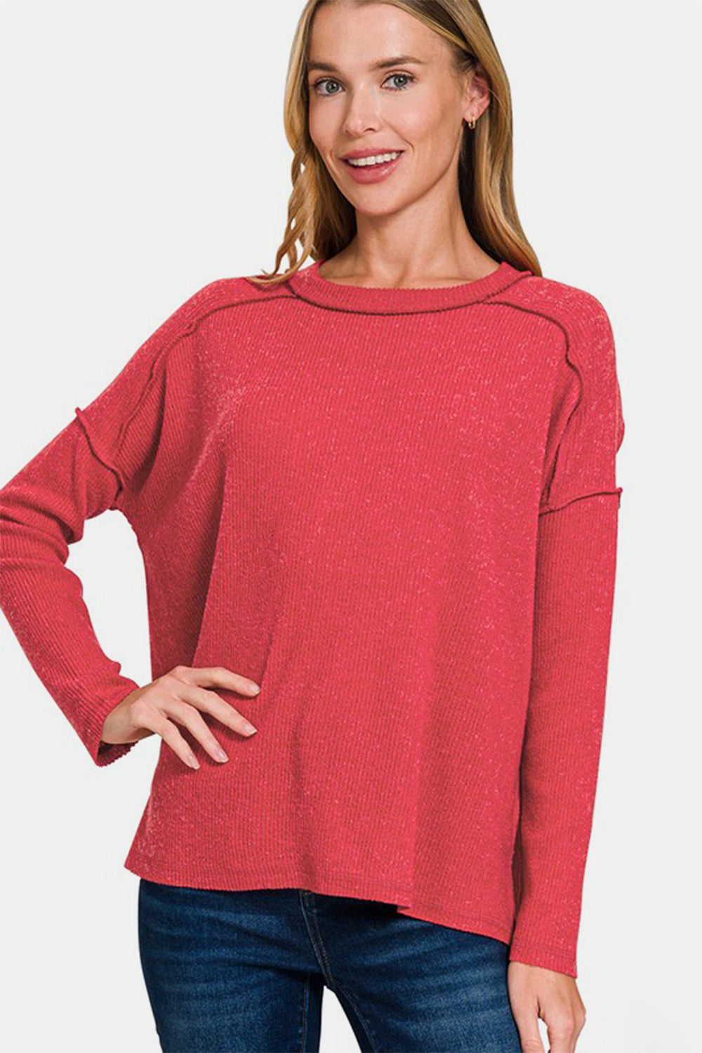 Zenana Full Size Exposed Seam Brushed Round Neck Sweater - Get Stylish