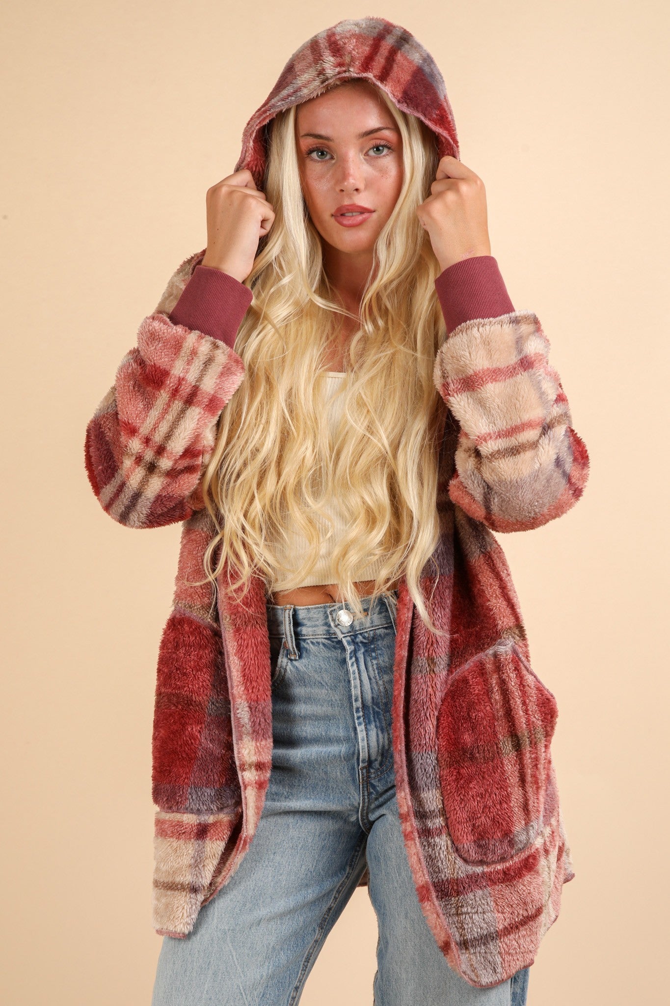 VERY J Fuzzy Plaid Long Sleeve Hooded Jacket - Get Stylish