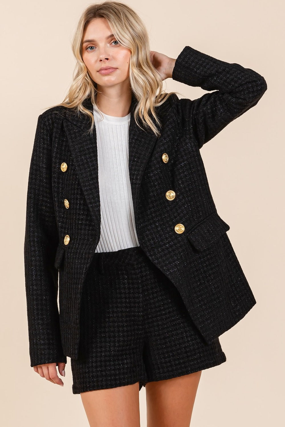 Mittoshop Plaid Texture Double-Breasted Long Sleeve Blazer - Get Stylish