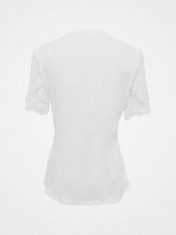 Notched Lace Short Sleeve Top