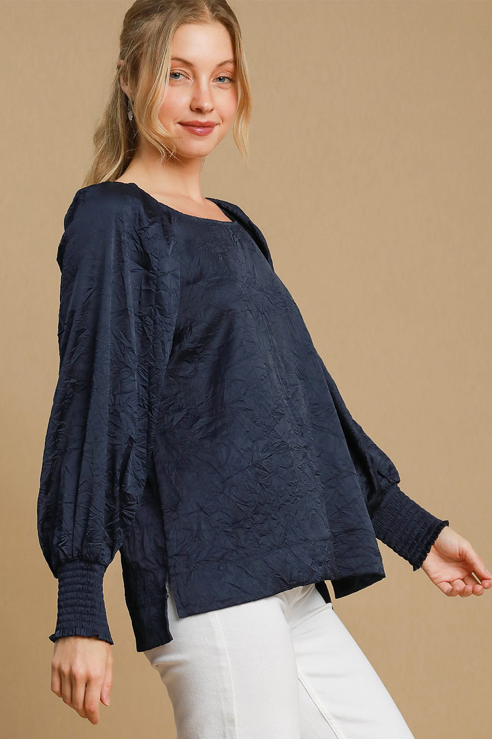 Umgee Wrinkled Round Neck Lantern Sleeve Blouse - Get Stylish