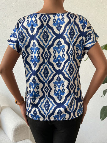 Printed Round Neck Short Sleeve Blouse