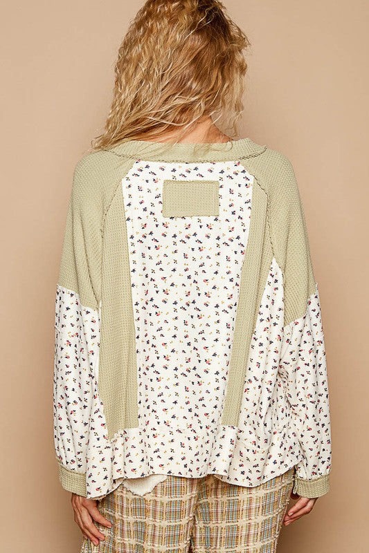 POL Waffle Knit Floral Notched Long Sleeve Top - Get Stylish