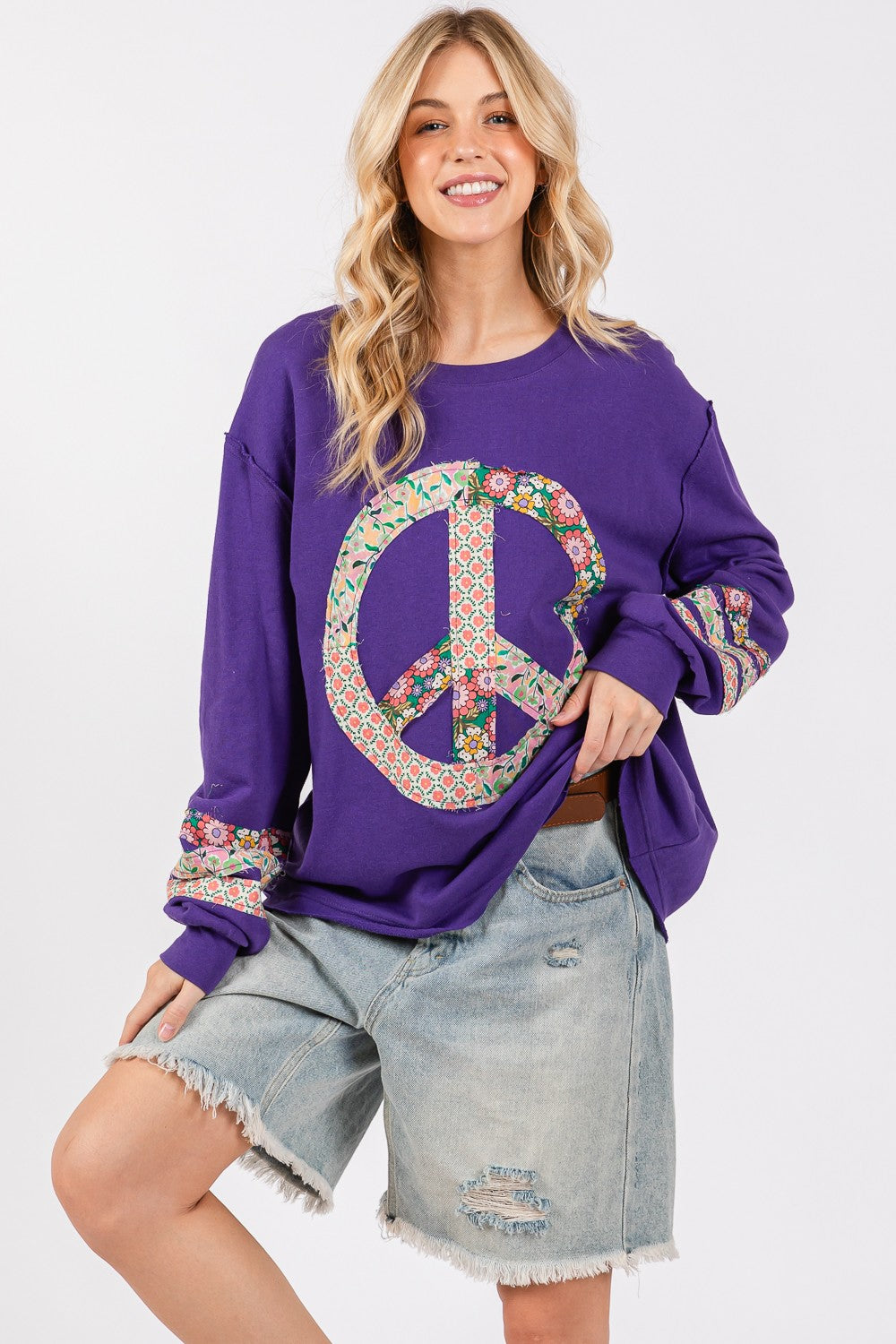 SAGE+FIG Peace Applique Patch Long Sleeve Top - Get Stylish