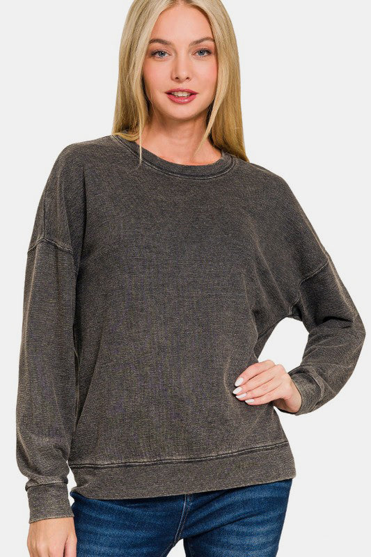 Zenana Washed Round Neck Dropped Shoulder Sweatshirt - Get Stylish