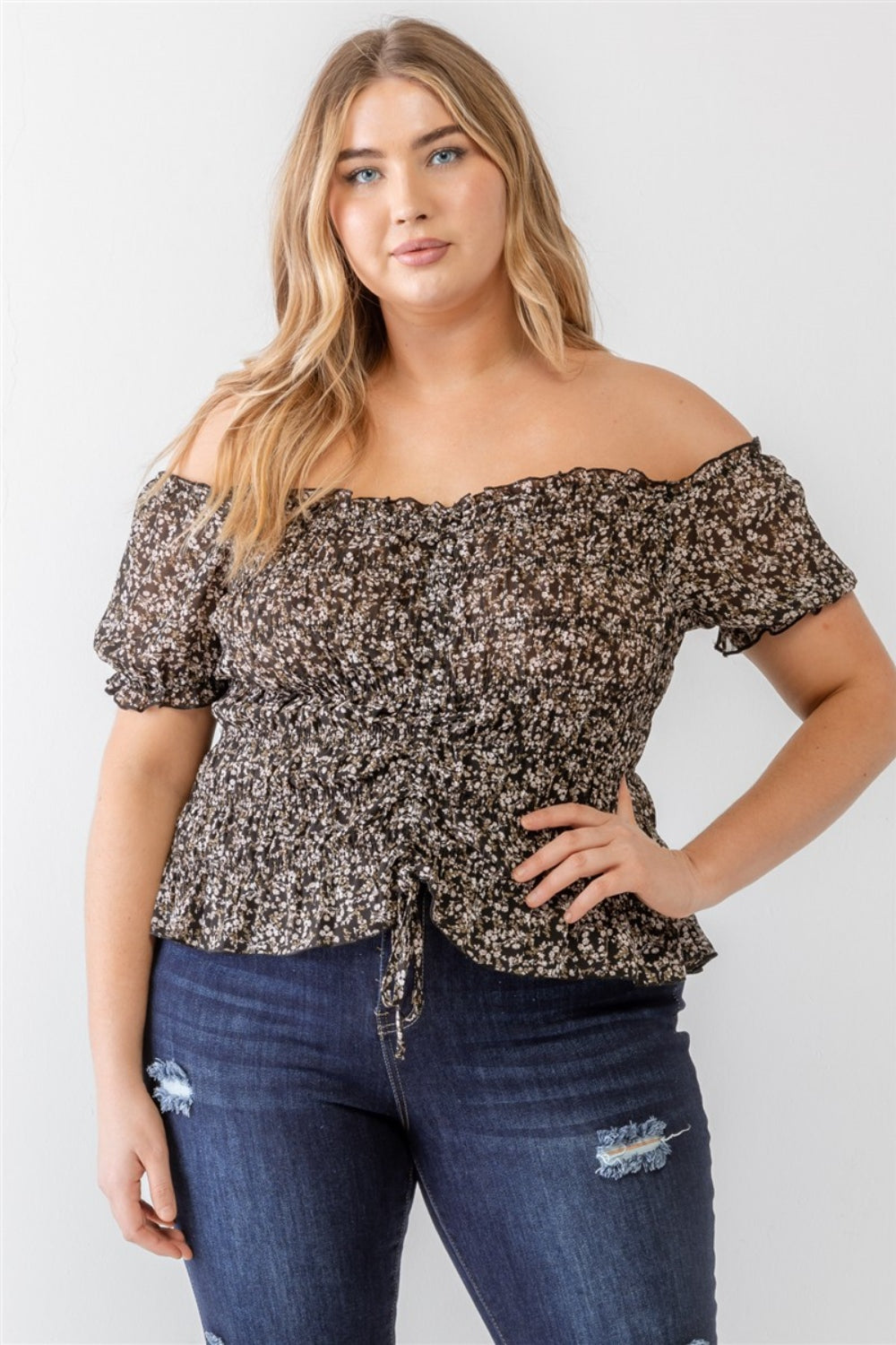 Zenobia Plus Size Frill Ruched Off-Shoulder Short Sleeve Blouse - Get Stylish