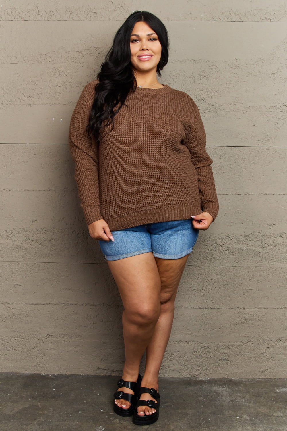 Zenana Breezy Days Plus Size High Low Waffle Knit Sweater - Get Stylish