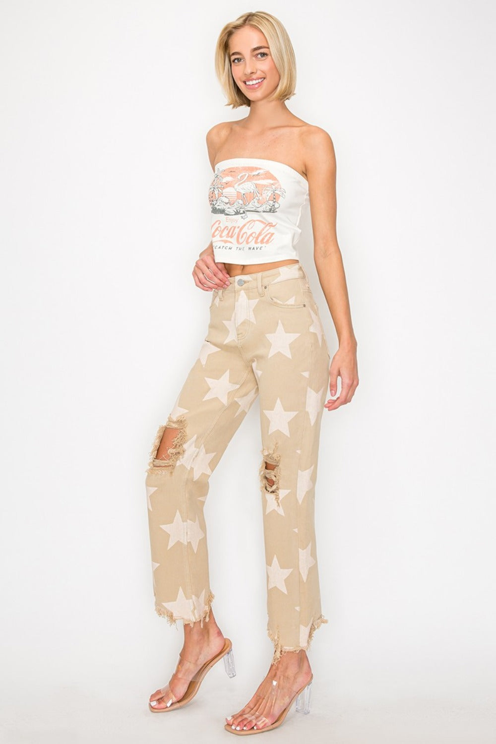 RISEN Full Size High Rise Star Printed Frayed Hem Jeans - Get Stylish