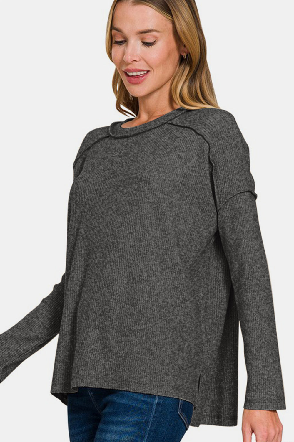 Zenana Full Size Exposed Seam Brushed Round Neck Sweater - Get Stylish