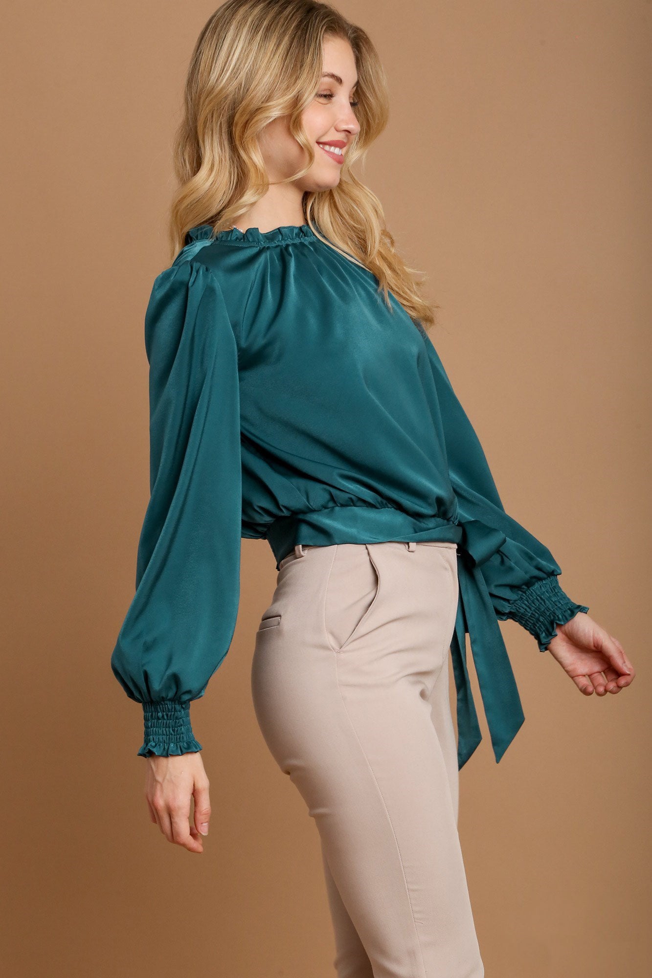 Umgee Frill Tied Hem Long Sleeve Blouse - Get Stylish