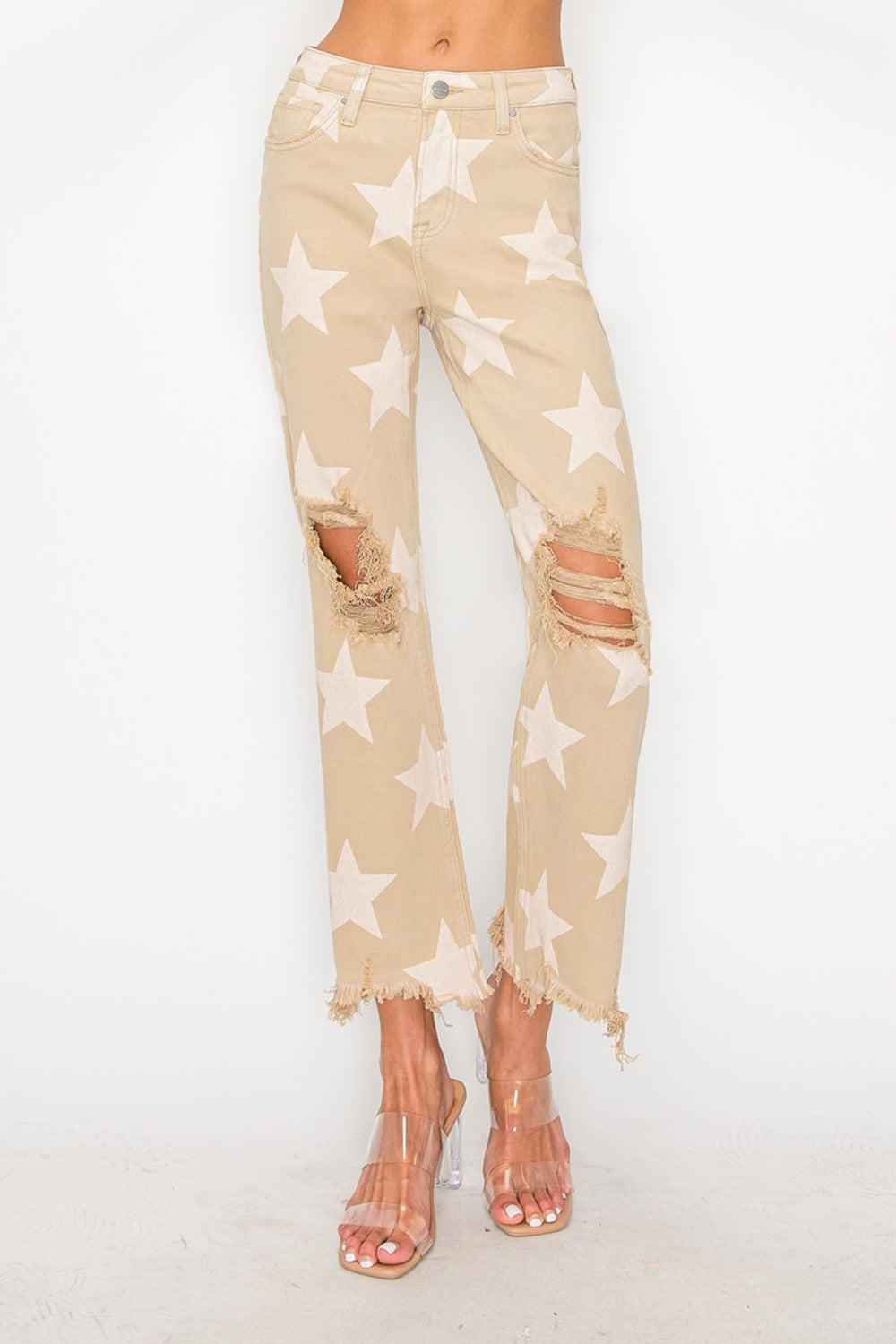 RISEN Full Size High Rise Star Printed Frayed Hem Jeans - Get Stylish