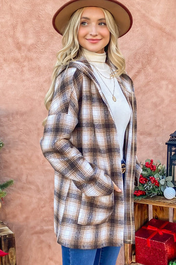 And The Why Plaid Open Front Hooded Shacket