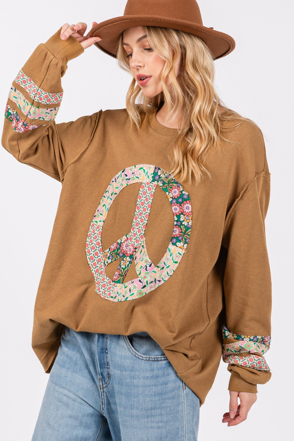 SAGE + FIG Peace Applique Patch Long Sleeve Top - Get Stylish