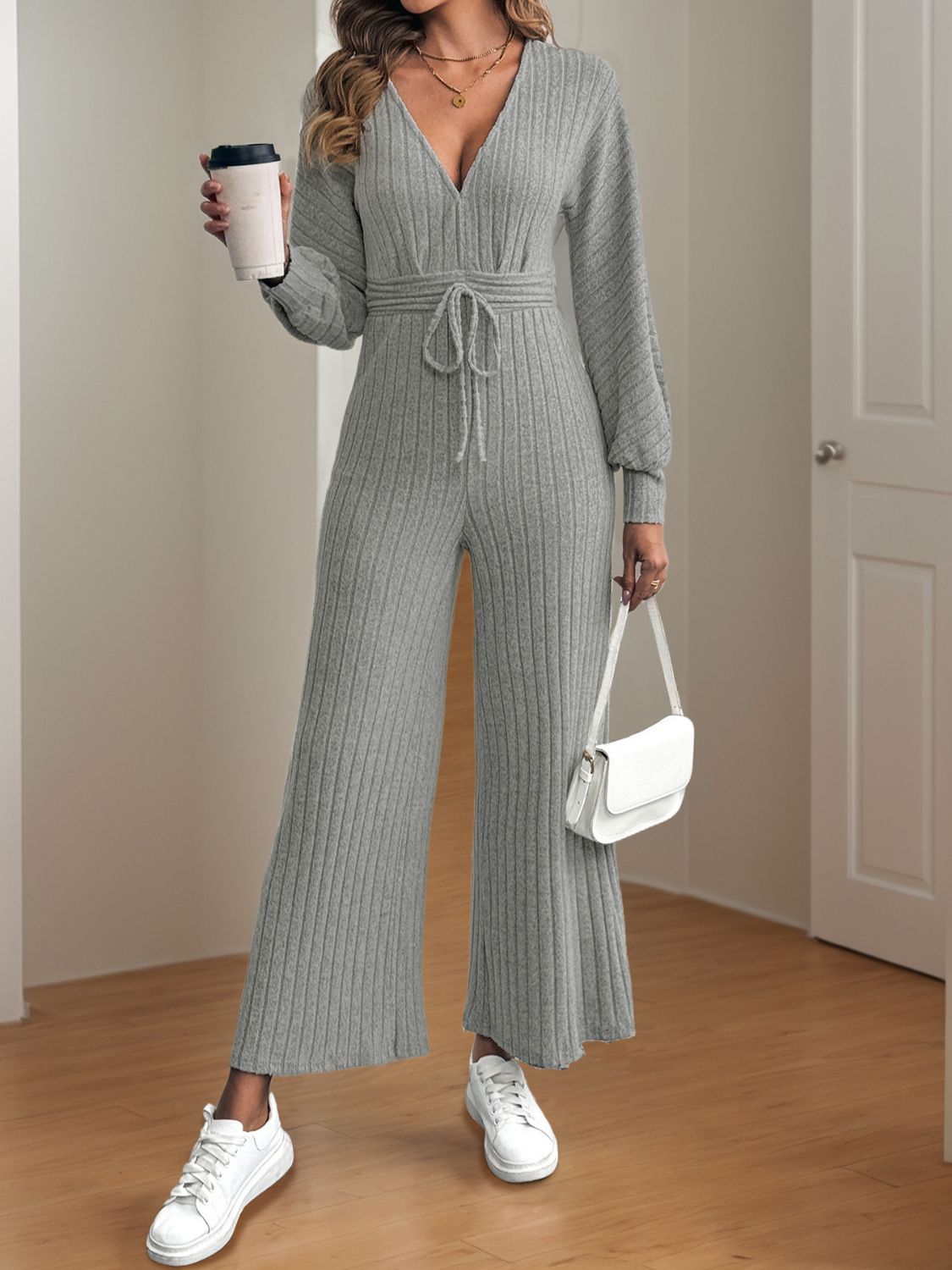 V-Neck Long Sleeve Wide Leg Jumpsuit - Get Stylish