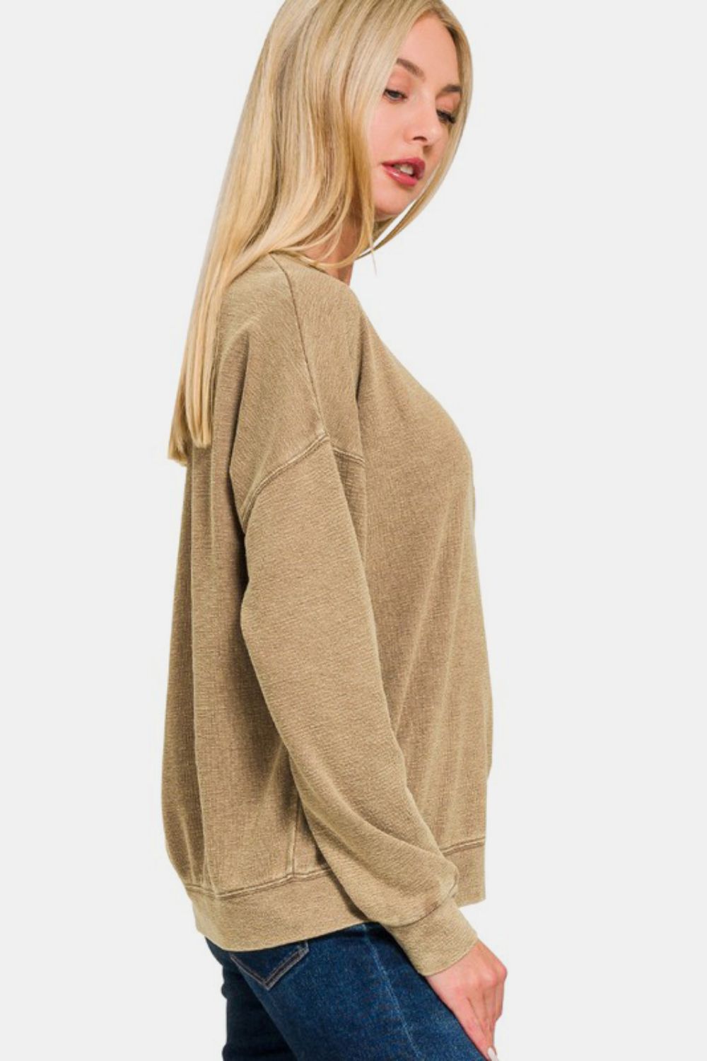 Zenana Washed Round Neck Dropped Shoulder Sweatshirt - Get Stylish