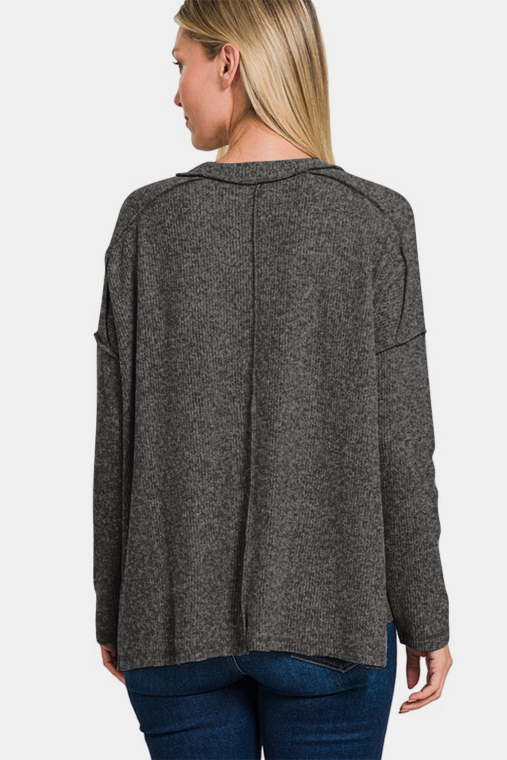 Zenana Full Size Exposed Seam Brushed Round Neck Sweater - Get Stylish