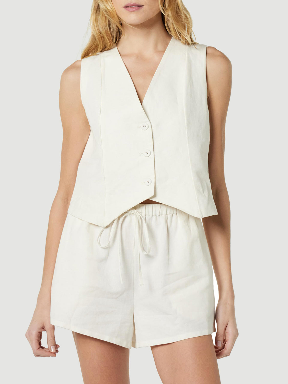 Button Up V-Neck Top and Pocketed Shorts Set