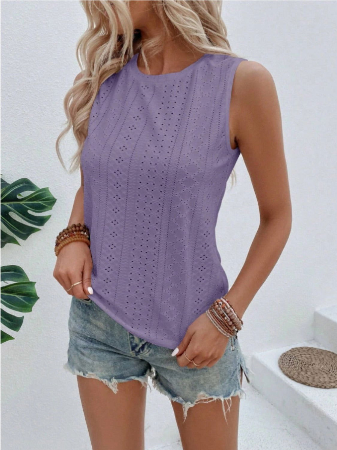 Eyelet Round Neck Tank - Get Stylish