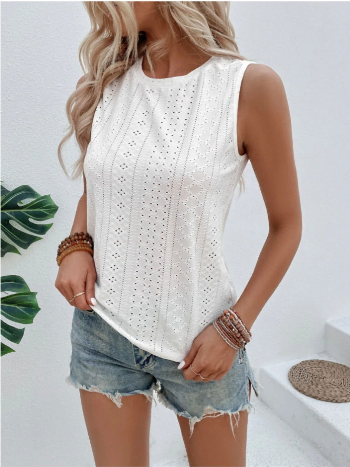 Eyelet Round Neck Tank - Get Stylish