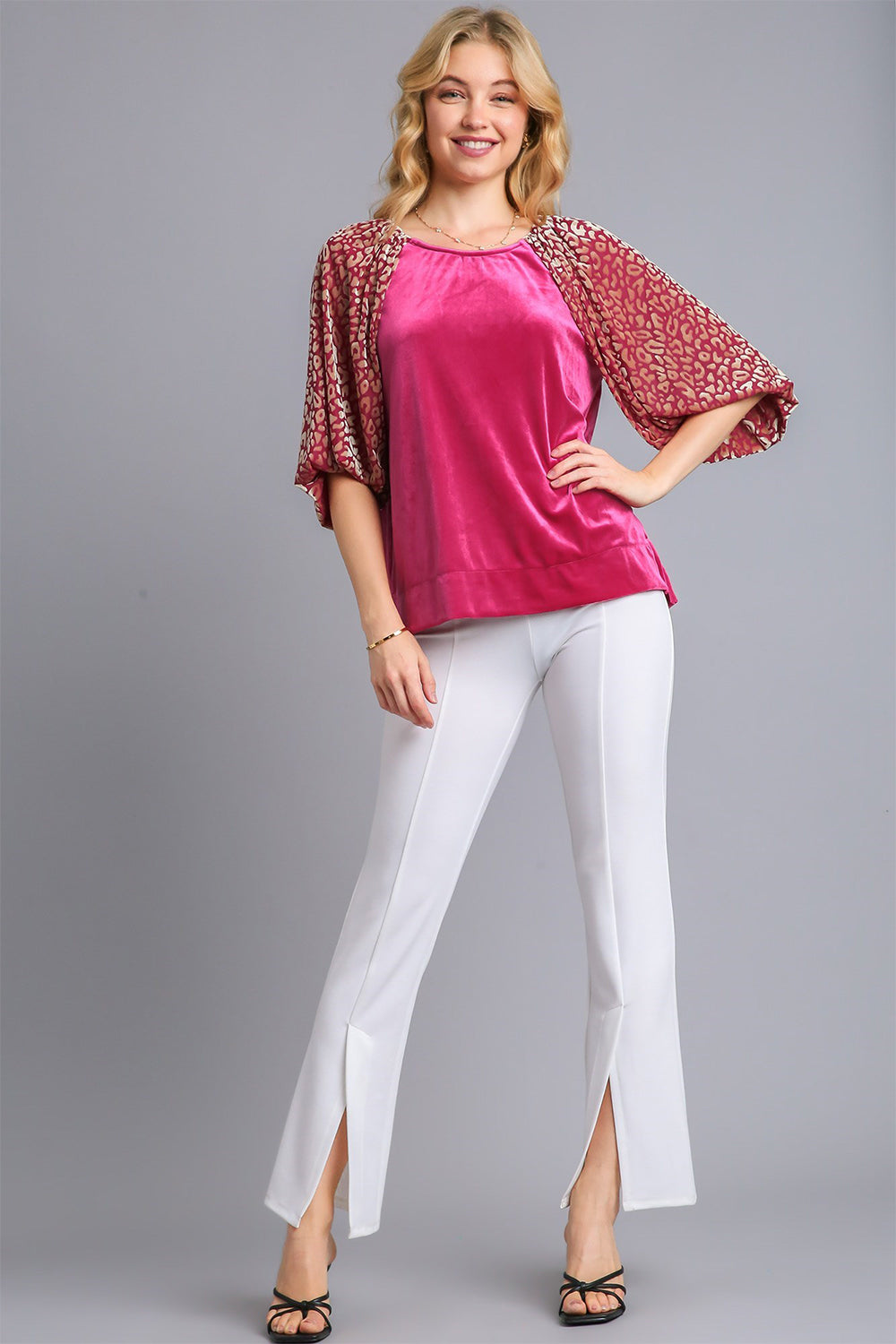 Umgee Round Neck Leopard Balloon Sleeve Velvet Top - Get Stylish