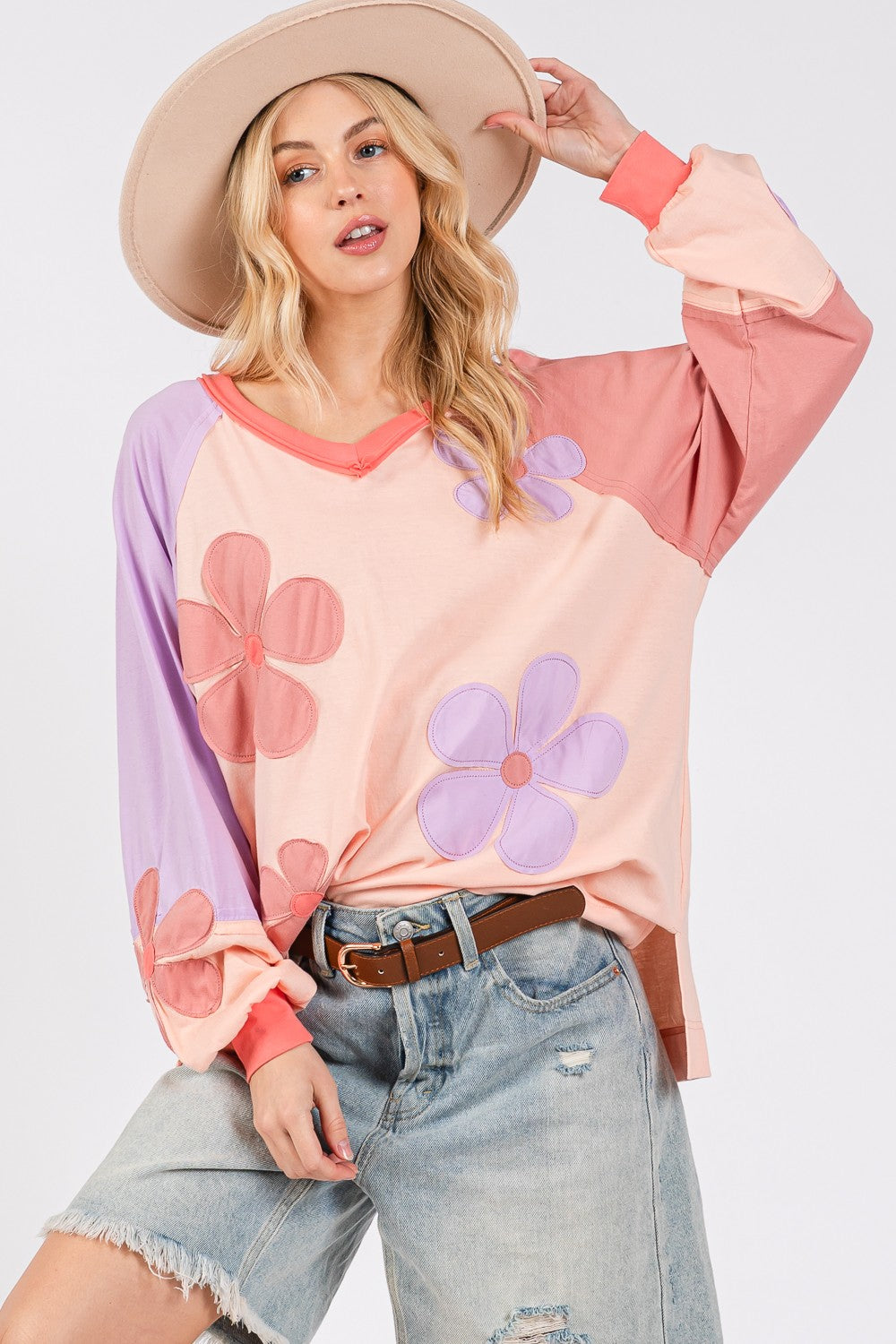 SAGE + FIG Full Size Daisy Applique Patch Color Block Long Sleeve Top - Get Stylish