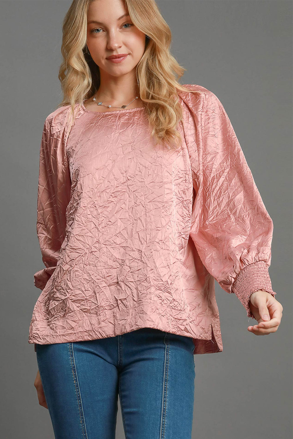 Umgee Wrinkled Round Neck Lantern Sleeve Blouse - Get Stylish