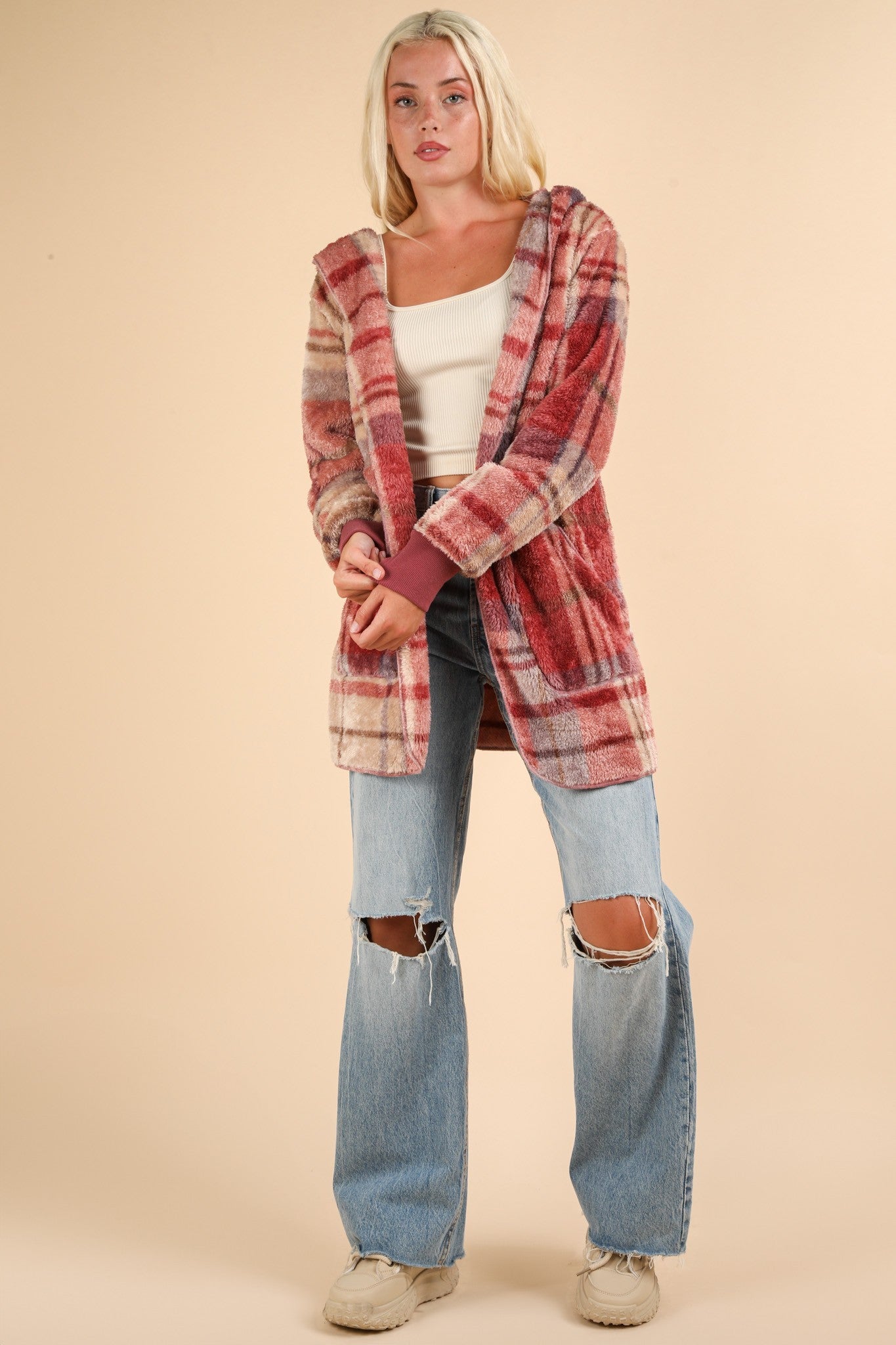 VERY J Fuzzy Plaid Long Sleeve Hooded Jacket - Get Stylish