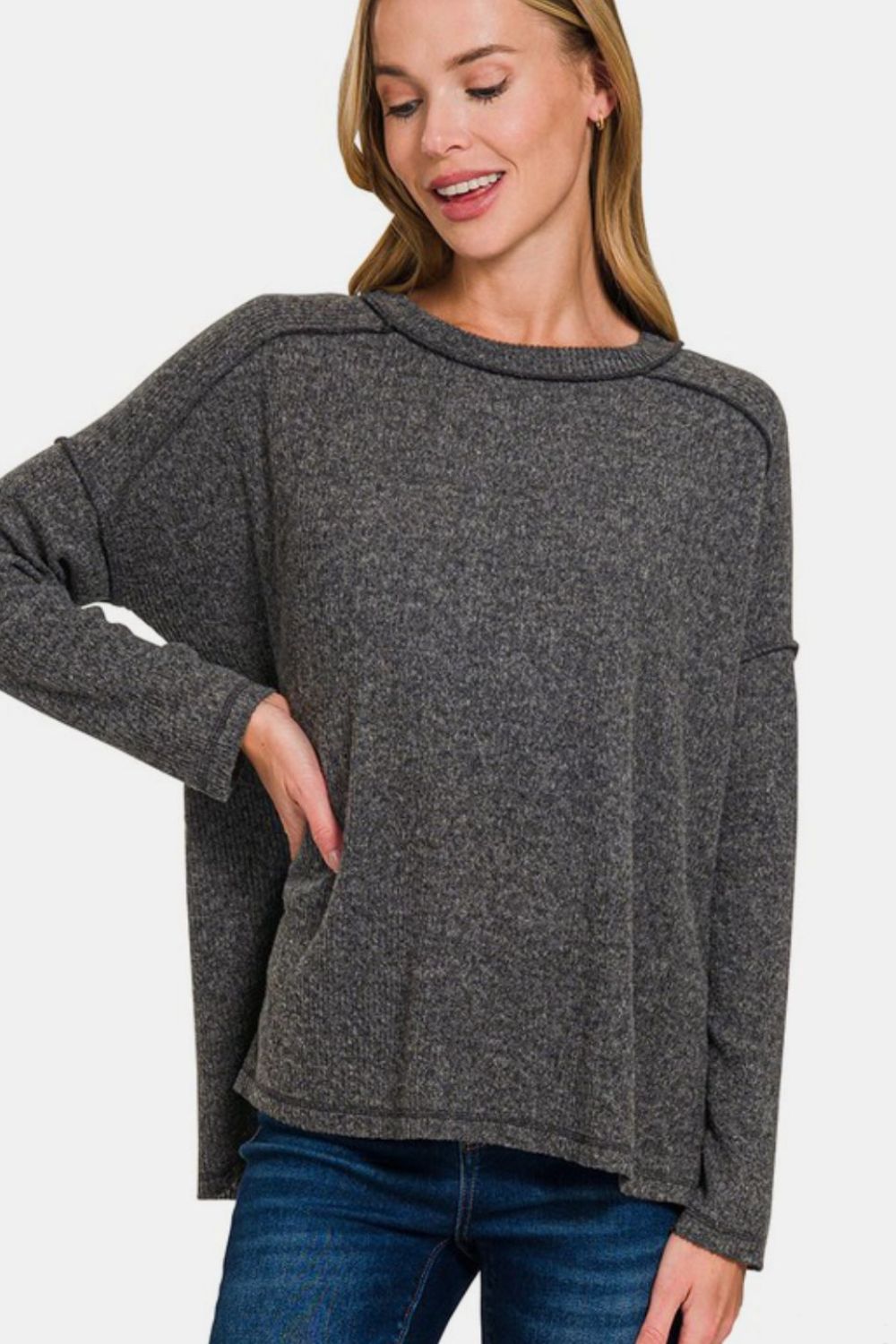 Zenana Full Size Exposed Seam Brushed Round Neck Sweater - Get Stylish