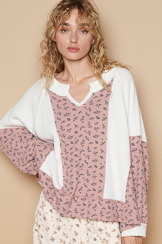 POL Waffle Knit Floral Notched Long Sleeve Top - Get Stylish